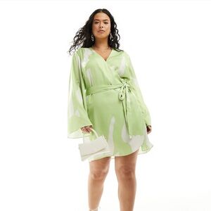 ASOS DESIGN Curve satin wrap mini dress with tie waist in green abstract print